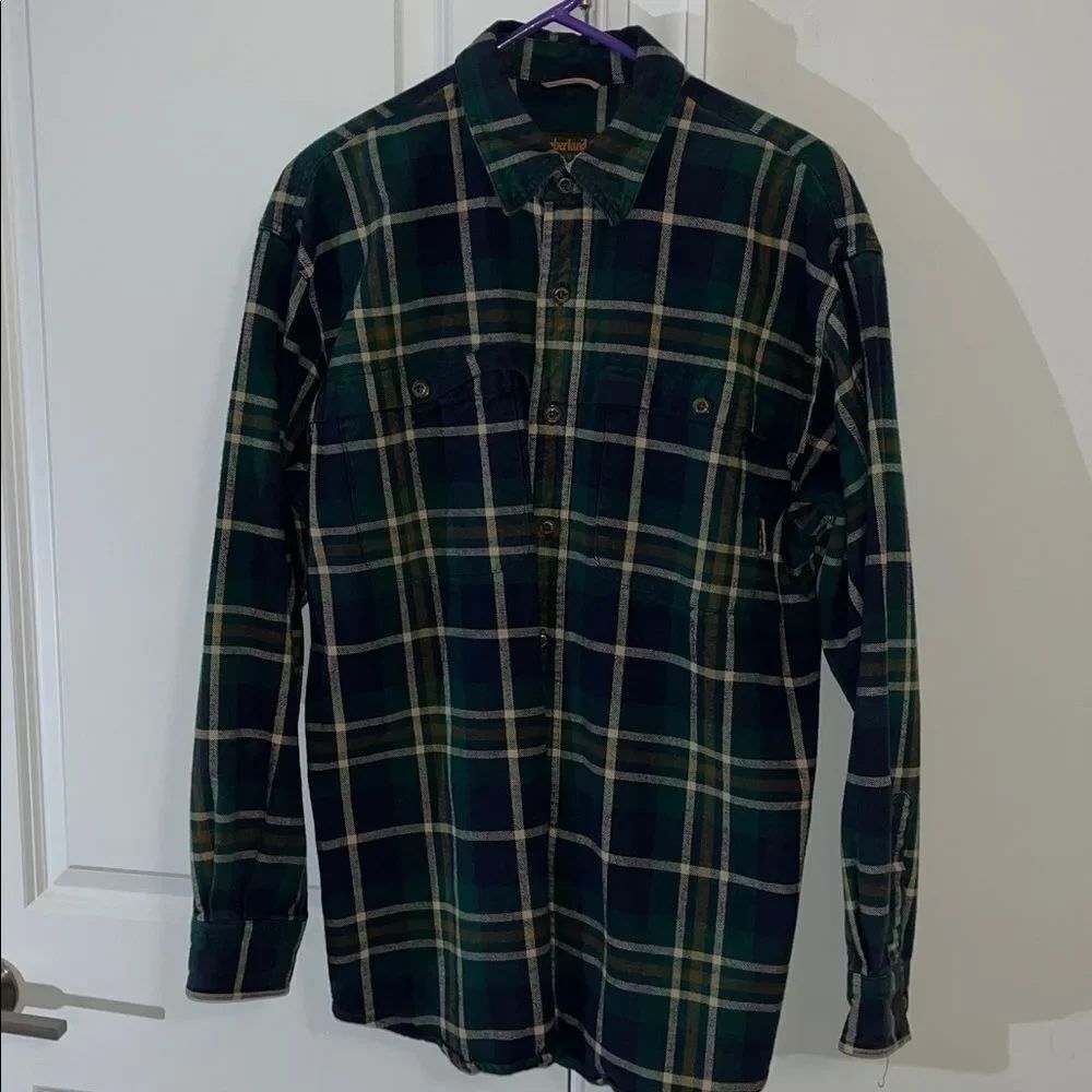 Timberland Weathergear Heavy Cotton plaid Blue Green Gold Tartan shirt Jacket M